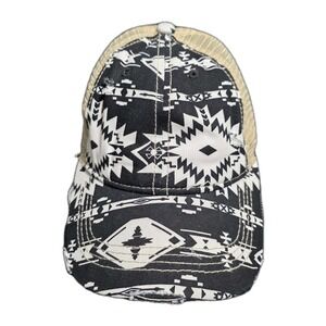 C.C Aztec Finish Mesh Back Ponytail Baseball Cap Black & White Distressed Look